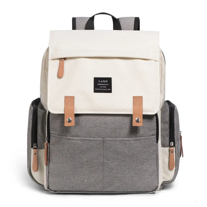 LAND Mommy large grey diaper backpack with changing mat, shown as a travel nappy bag.