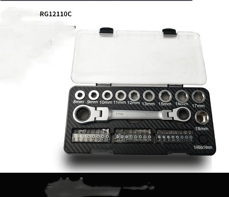 Double-ended ratchet wrench set with sockets and screwdriver bits laid out