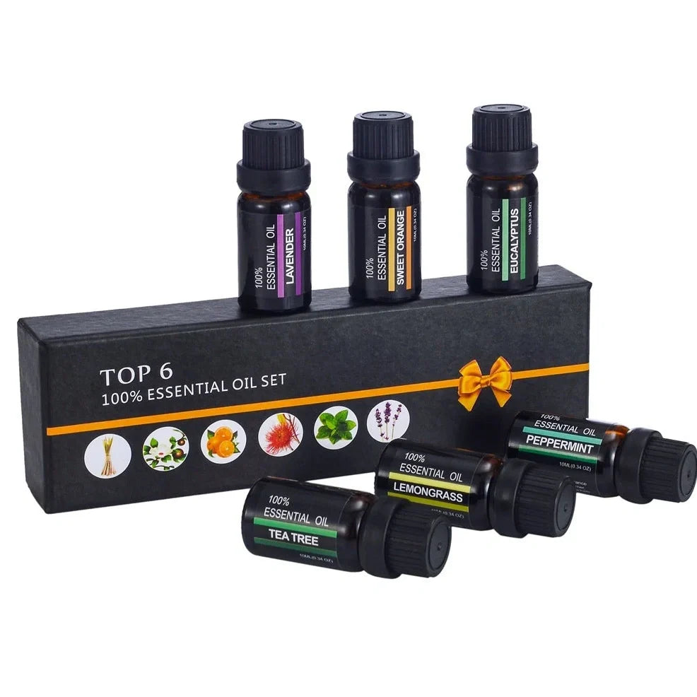 Six 10ml bottles of natural essential oils including orange, lavender, tea tree, mint, eucalyptus and lemongrass in presentation box