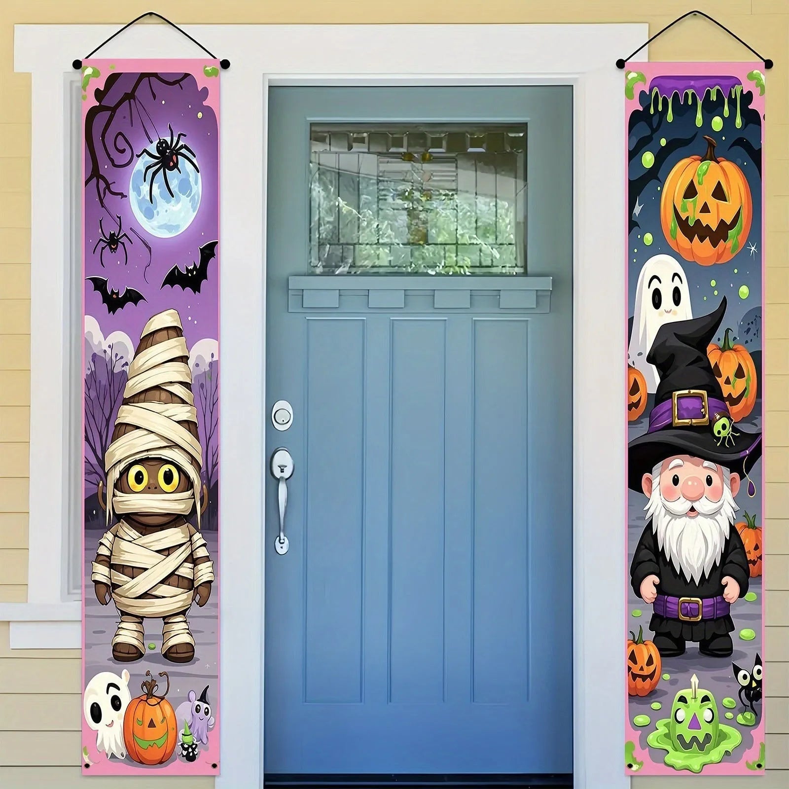 Pair of Halloween couplet hanging flag decorations measuring 30x180cm made from polyester fabric