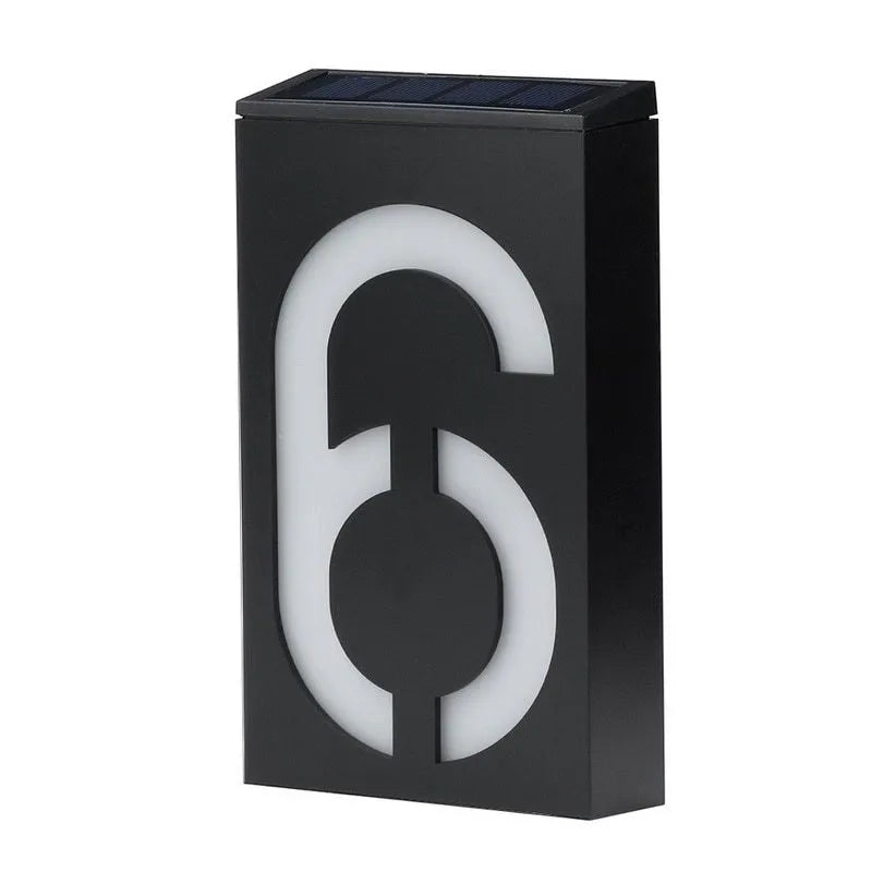 Solar-powered house number light with 6 LED illumination and concealed wall-mounting design