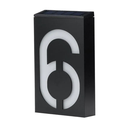 Solar-powered house number light with 6 LED illumination and concealed wall-mounting design