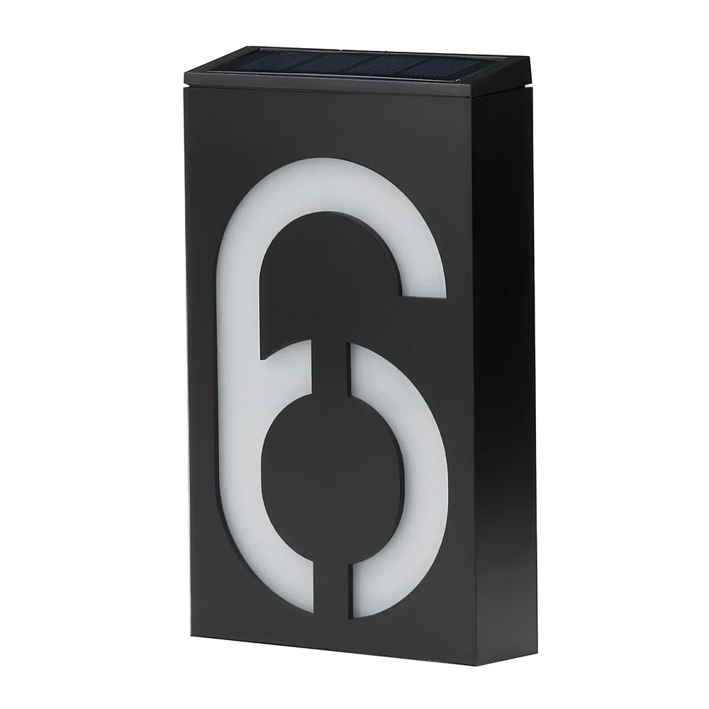 Solar powered house number with LED illumination showing waterproof construction and concealed mounting