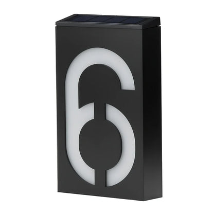 Solar powered house number with LED illumination showing waterproof construction and concealed mounting