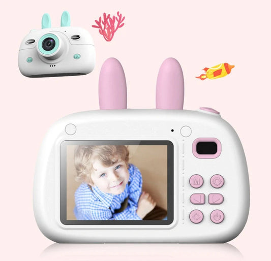 Cartoon rabbit video recorder with 1080P dual camera in pink and green options