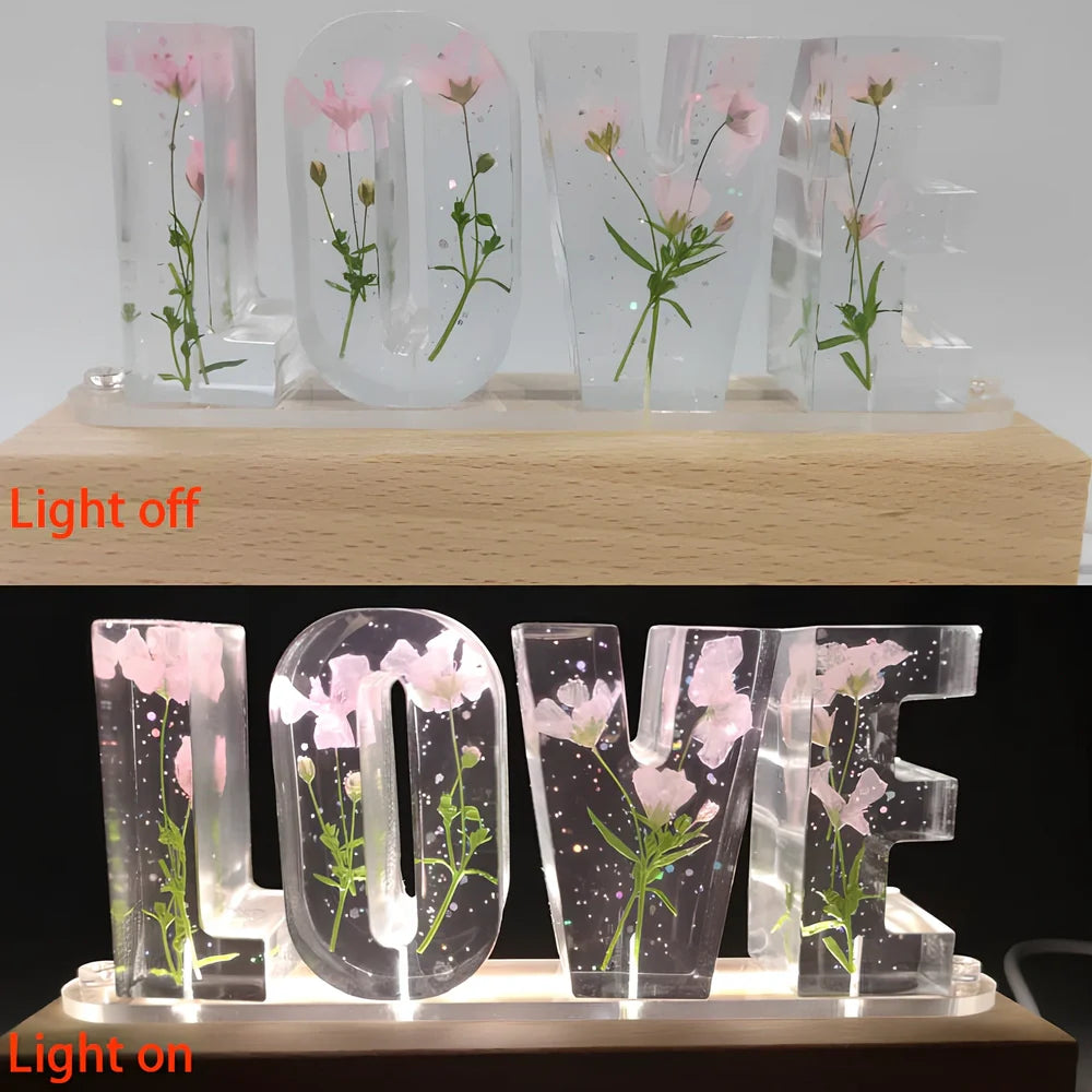 Wooden LOVE letter table lamp with dried flowers and warm LED light for bedroom use