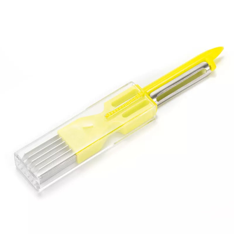 Stainless steel and plastic multi-function fruit and vegetable peeler in yellow