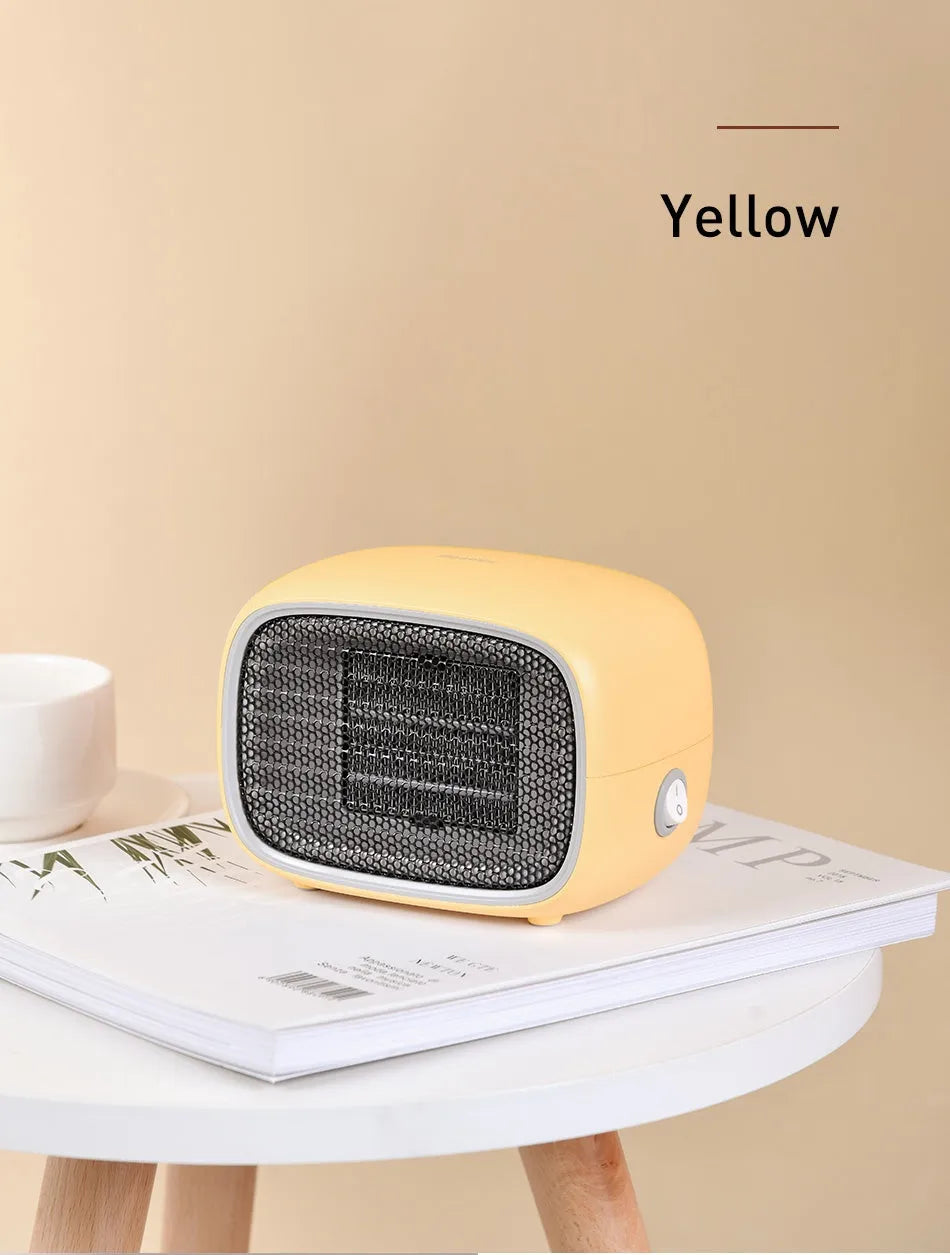 Mini home heater in green, white, or yellow with PTC ceramic heating and compact 158mm x 90mm x 114mm size