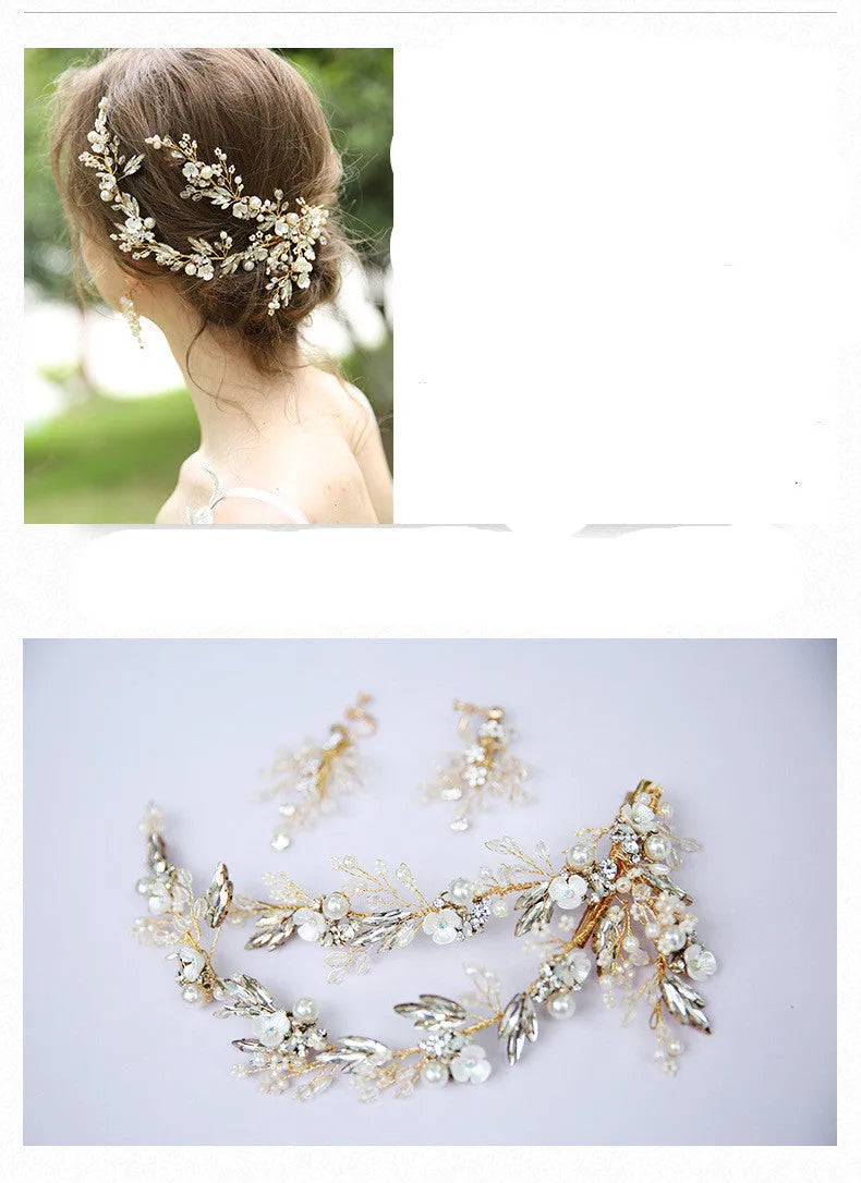Gold bridal hair clip 27 x 13cm and earrings 6.5 x 4cm with rhinestone crystal and imitation pearl