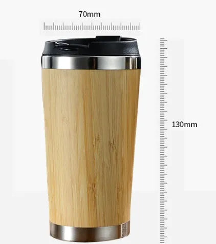Natural bamboo coffee cup with double wall insulation, 420ml capacity, leak-proof lid and non-slip foam pad base