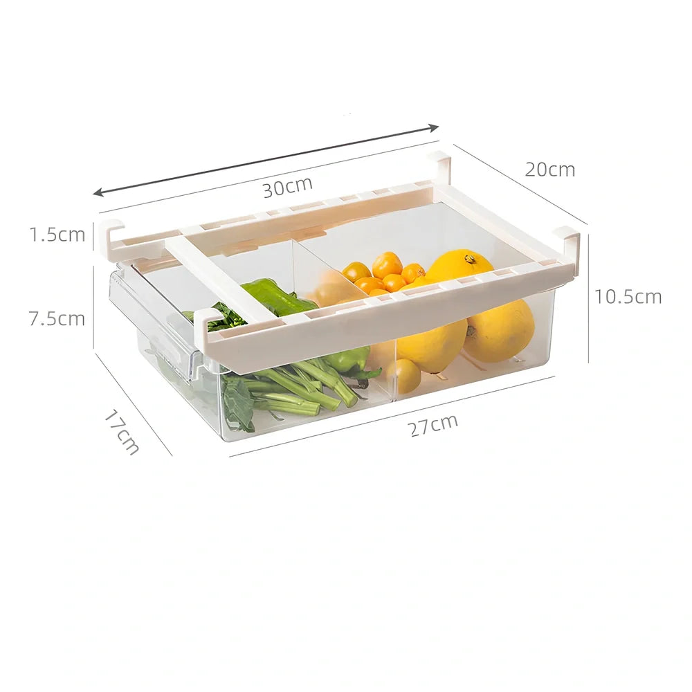 Transparent adjustable fridge egg storage rack with pull-out drawer holding 21 eggs, stackable for kitchen organisation