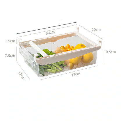 Transparent adjustable fridge egg storage rack with pull-out drawer holding 21 eggs, stackable for kitchen organisation