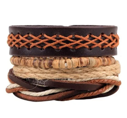 Hand-woven brown leather bracelet with wooden beads and rope detailing on a wrist.
