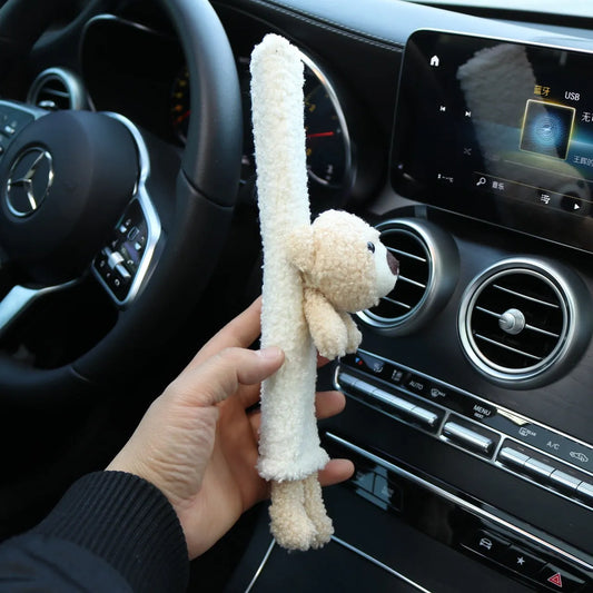 Cartoon lamb wool seat belt shoulder protector in bear design showing soft texture