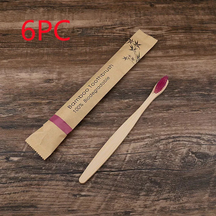 Eco-friendly flat bamboo toothbrush with kraft paper bag in assorted colors