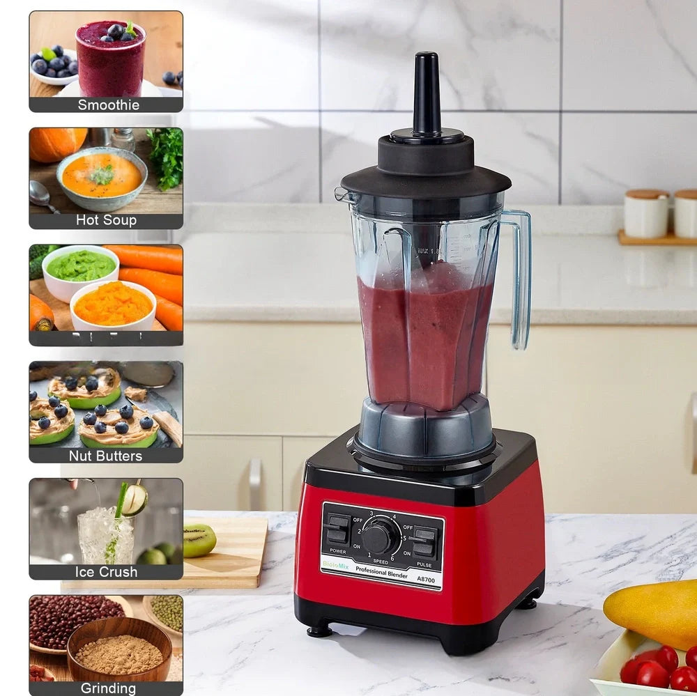 Red commercial blender with 2200W motor and 2L capacity for professional kitchen use