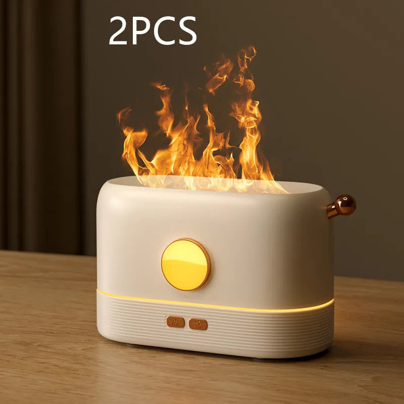 Black USB flame humidifier diffuser with 200ml tank on desktop showing simulation flame effect