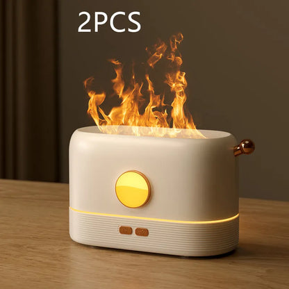 Black USB flame humidifier diffuser with 200ml tank on desktop showing simulation flame effect