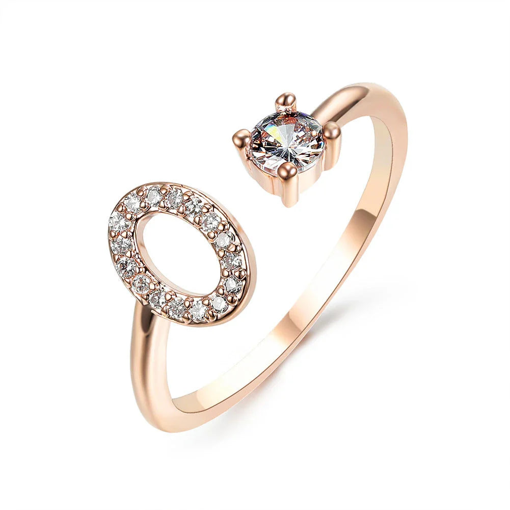 Personalized Initial Letter Adjustable Ring made of copper alloy and zircon, showcasing a vintage-inspired design