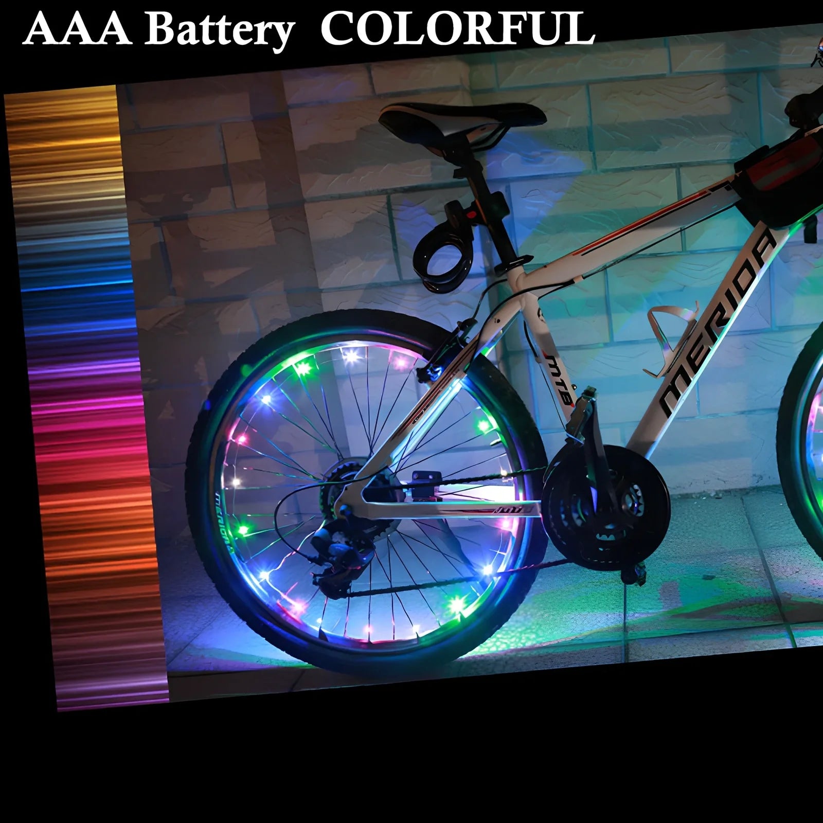 Mountain bike spoke light with 2200mm LED strip and 35mm black housing between spokes