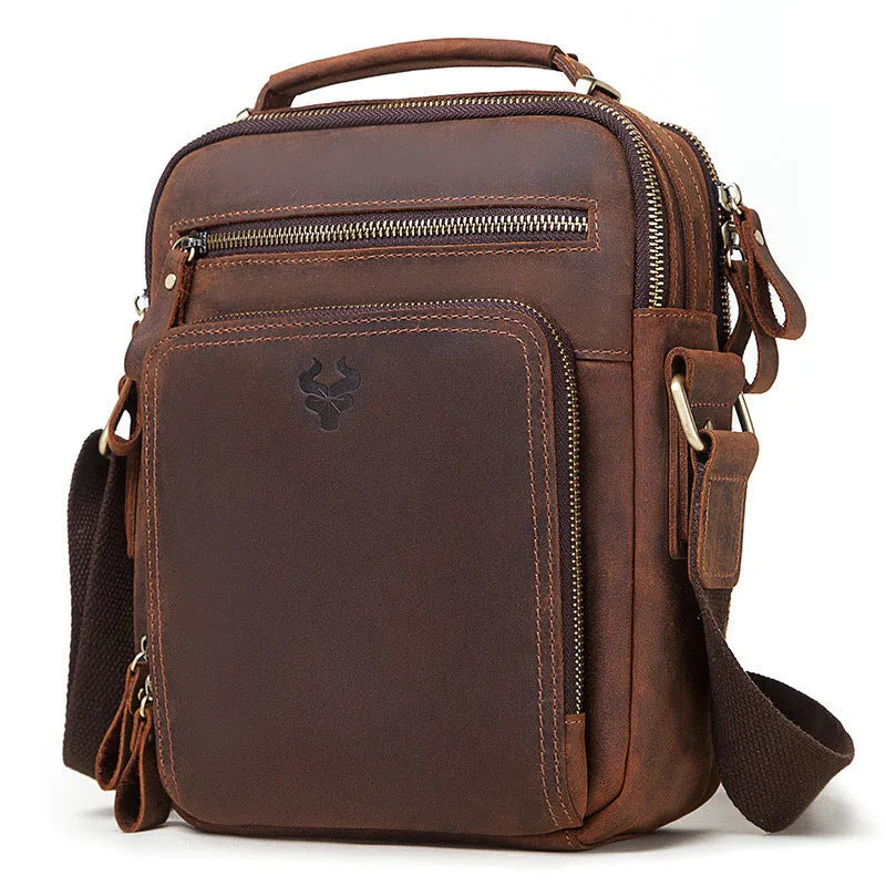 Men's brown crazy horse leather single-shoulder crossbody bag with visible stitching.