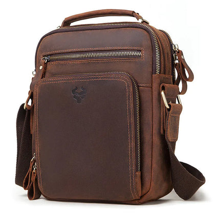 Men's brown crazy horse leather single-shoulder crossbody bag with visible stitching.