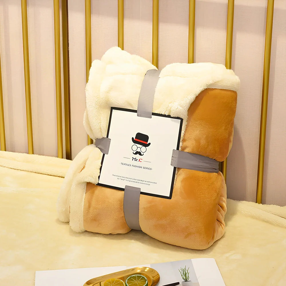 Double-layer flannel blanket showing coffee colour with flannel surface and lamb fleece backing, measuring 150x200cm