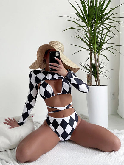 Ladies plaid pattern three-piece swimsuit set with long sleeves