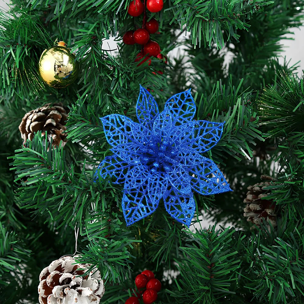 Set of 10 golden 15cm glitter flowers for Christmas trees in gold, silver, red colours