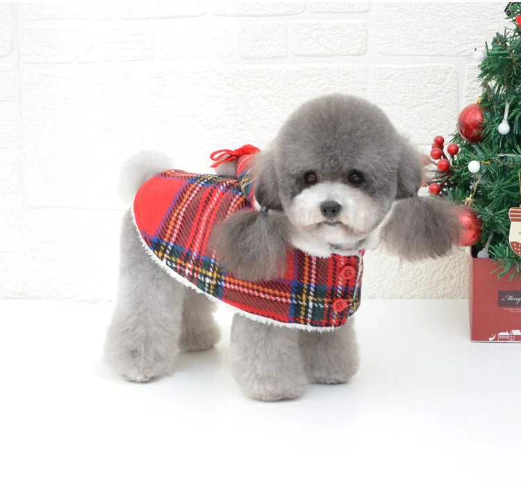 Christmas red check knitted turtleneck dog sweater with suede lining for winter warmth