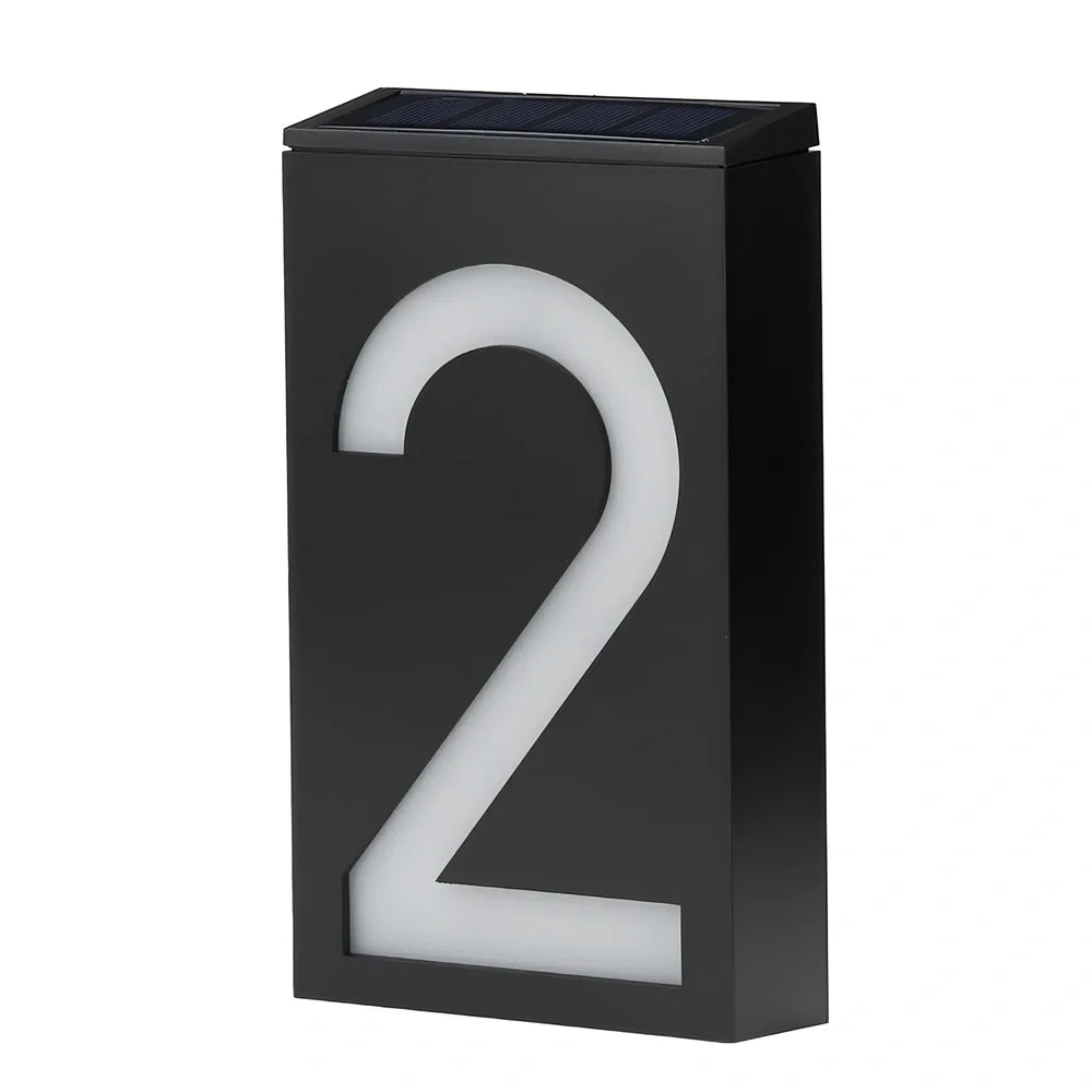 Solar powered house number with LED illumination showing waterproof construction and concealed mounting