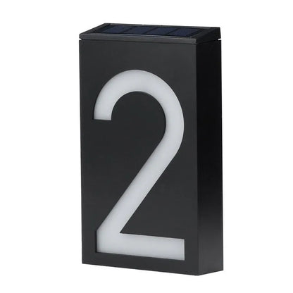 Solar-powered house number light with 6 LED illumination and concealed wall-mounting design