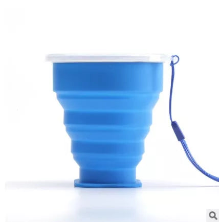 Collapsible water cup with stainless steel ring and lanyard in multiple colors