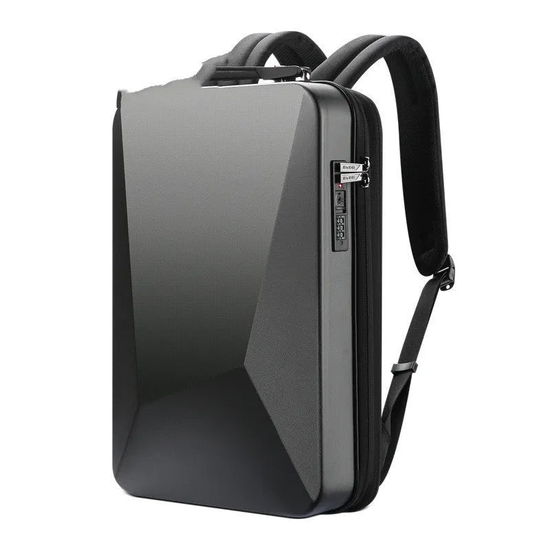 Men's hard shell gaming backpack in black or silver with anti-theft lock, 20-35L capacity, and PC material