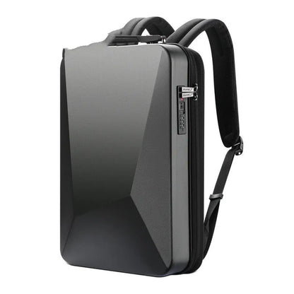 Men's hard shell gaming backpack in black or silver with anti-theft lock, 20-35L capacity, and PC material