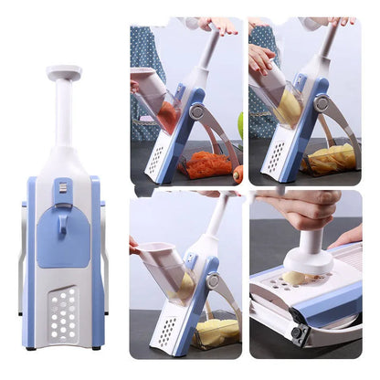 White and blue multifunctional vegetable slicer with stainless steel blades on a kitchen counter.