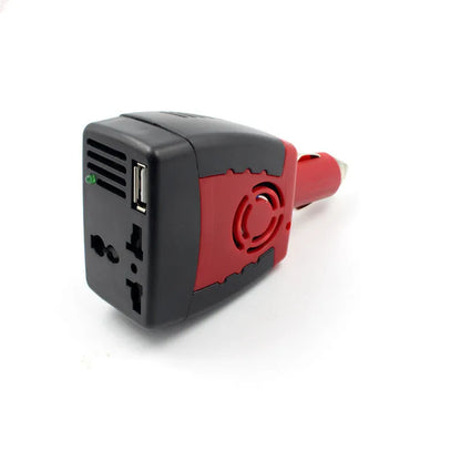 Black and red 150W car power inverter converting 12V DC to 110V AC with USB port
