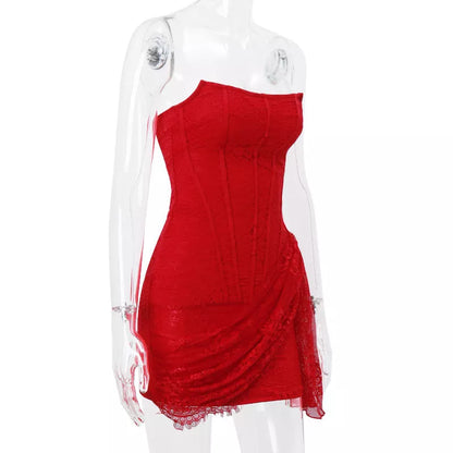 Strapless lace dress with back lace-up design in white, red, and black