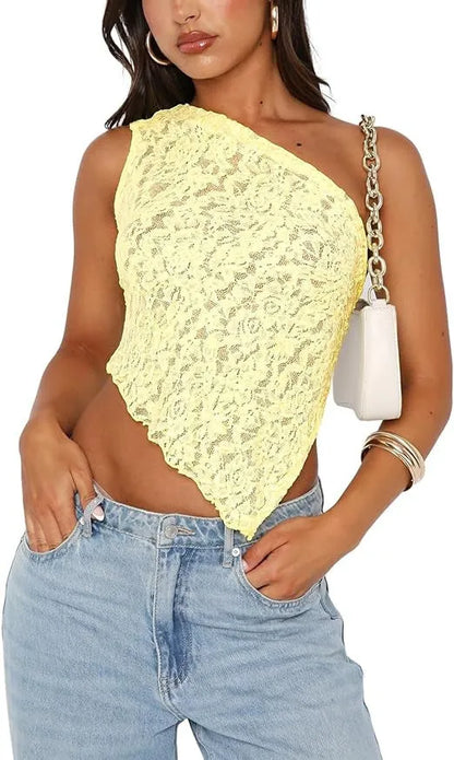 Women's apricot lace backless sleeveless top with asymmetrical neckline on a mannequin