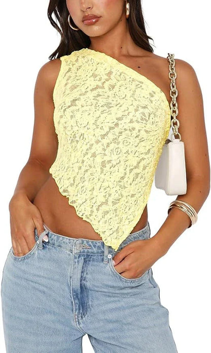 A stylish backless lace top in various colors with an asymmetrical sloped neckline and waistless design, perfect for summer streetwear fashion.
