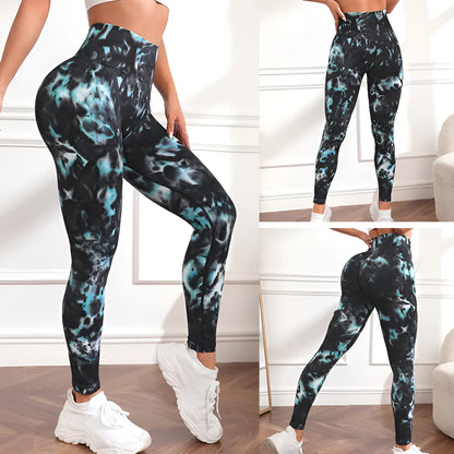 Light green nylon yoga sports pants with black and green alternating pattern, women's sizes S M L