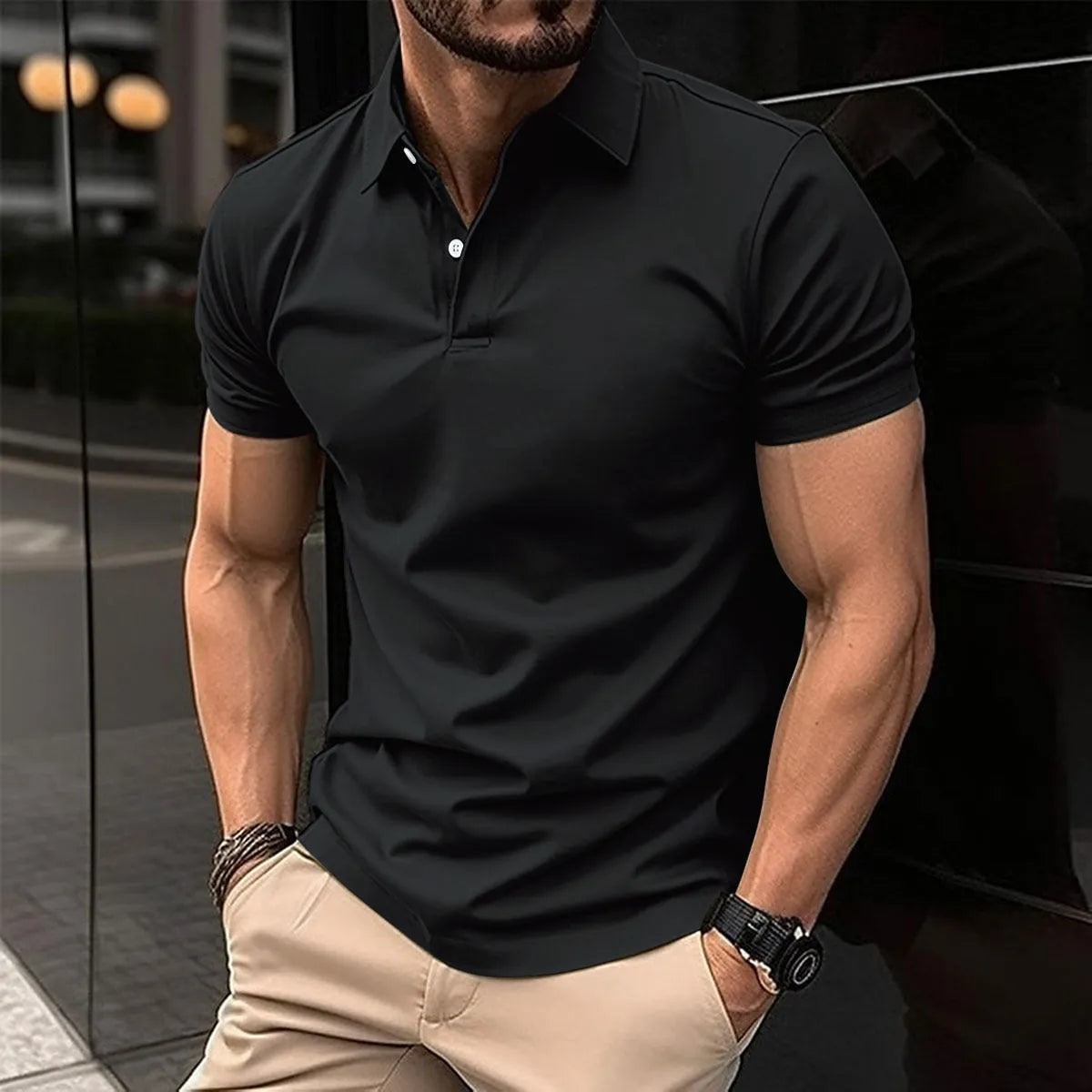 Men's solid colour short sleeve polo shirt with button collar in cotton mix fabric