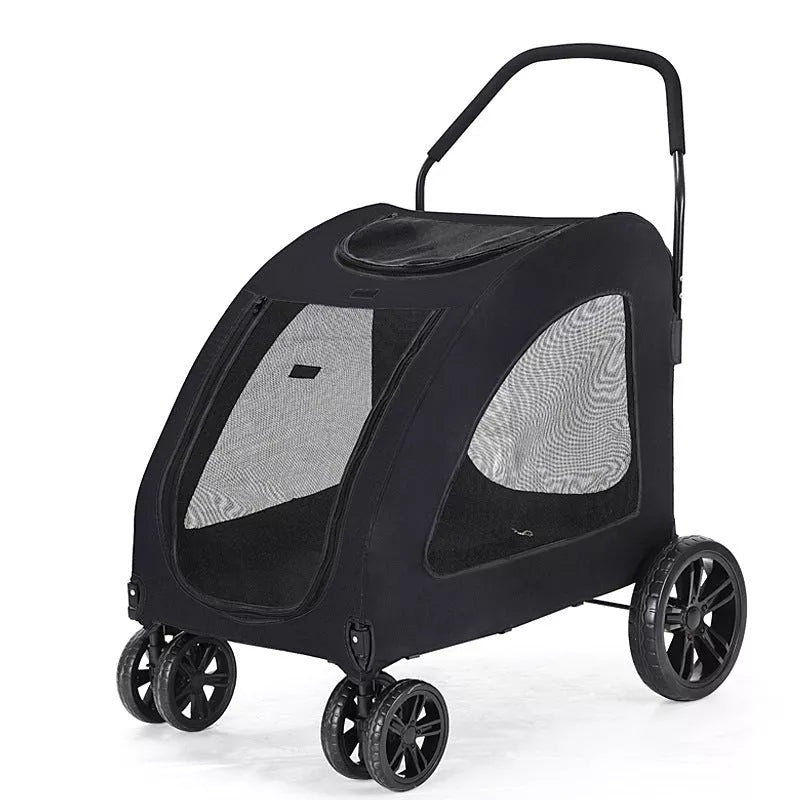 Foldable pet stroller for medium to large dogs in gray, blue, red, and black