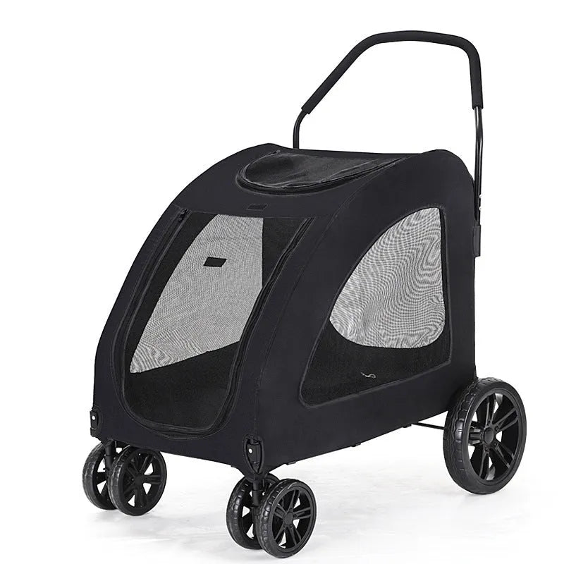 Foldable pet stroller for medium to large dogs in grey, blue, red, or black, with metal and cloth frame.