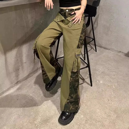 Dark khaki leopard print high waist straight leg jeans with faux stitching tooling design