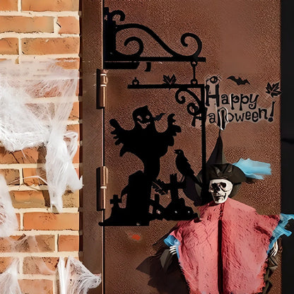 Halloween courtyard metal decorations with four silhouette designs including witch, cat, ghost, and broom measuring 26x18cm