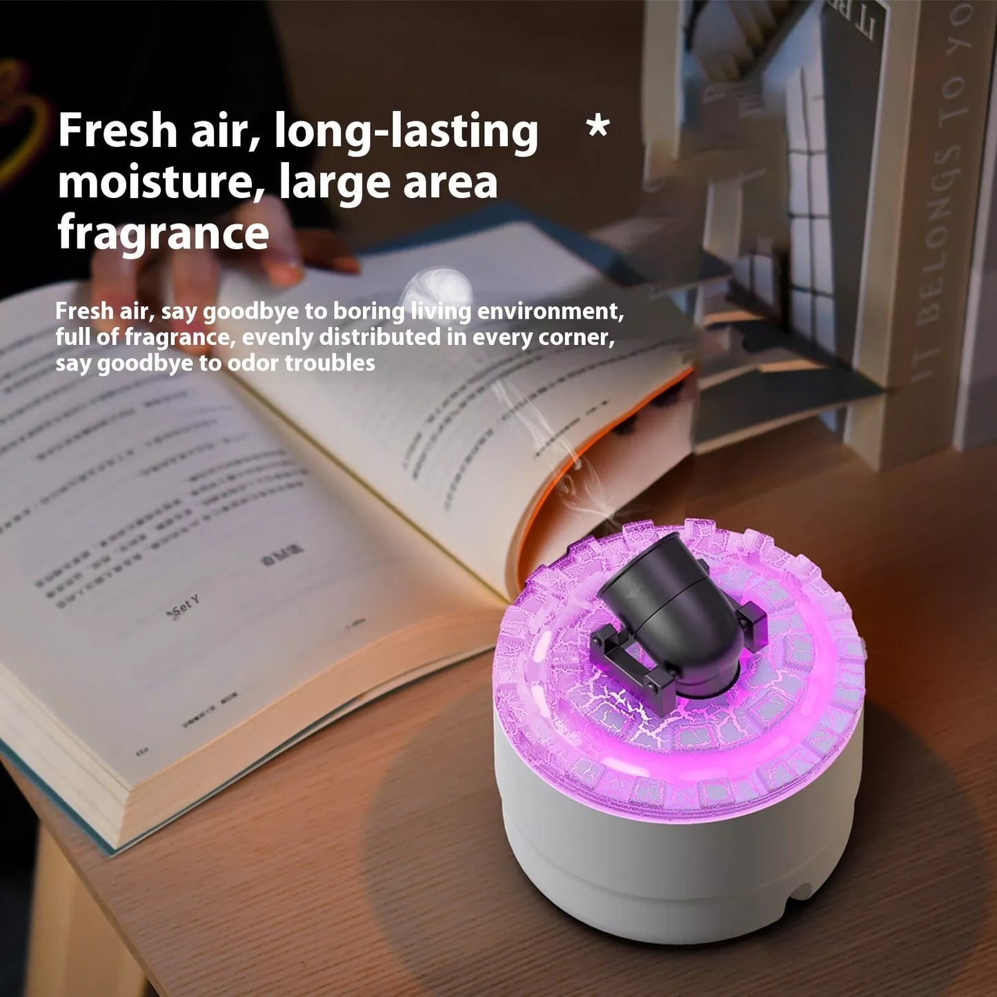 Battery-operated aroma diffuser with colorful flame light and humidifier function
