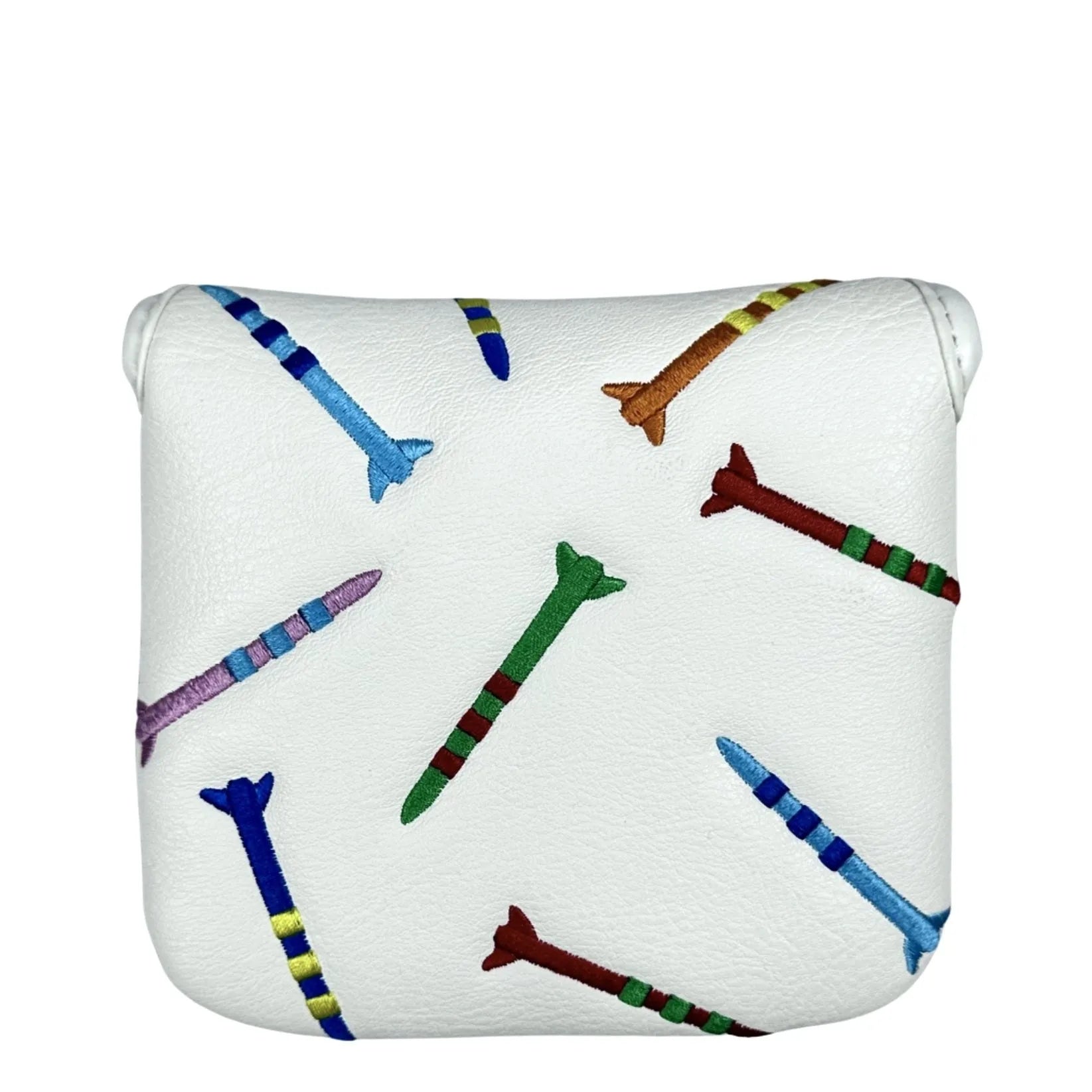 Black and white golf putter protective sleeve with rocket pattern design for square heads