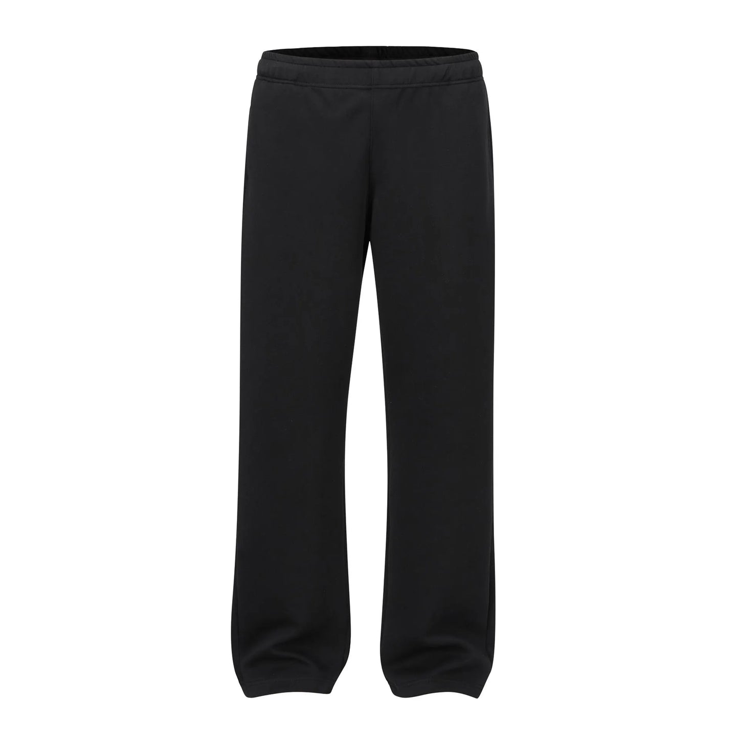 Men's straight-leg grey cotton casual trousers with an elasticated waistband laid flat.