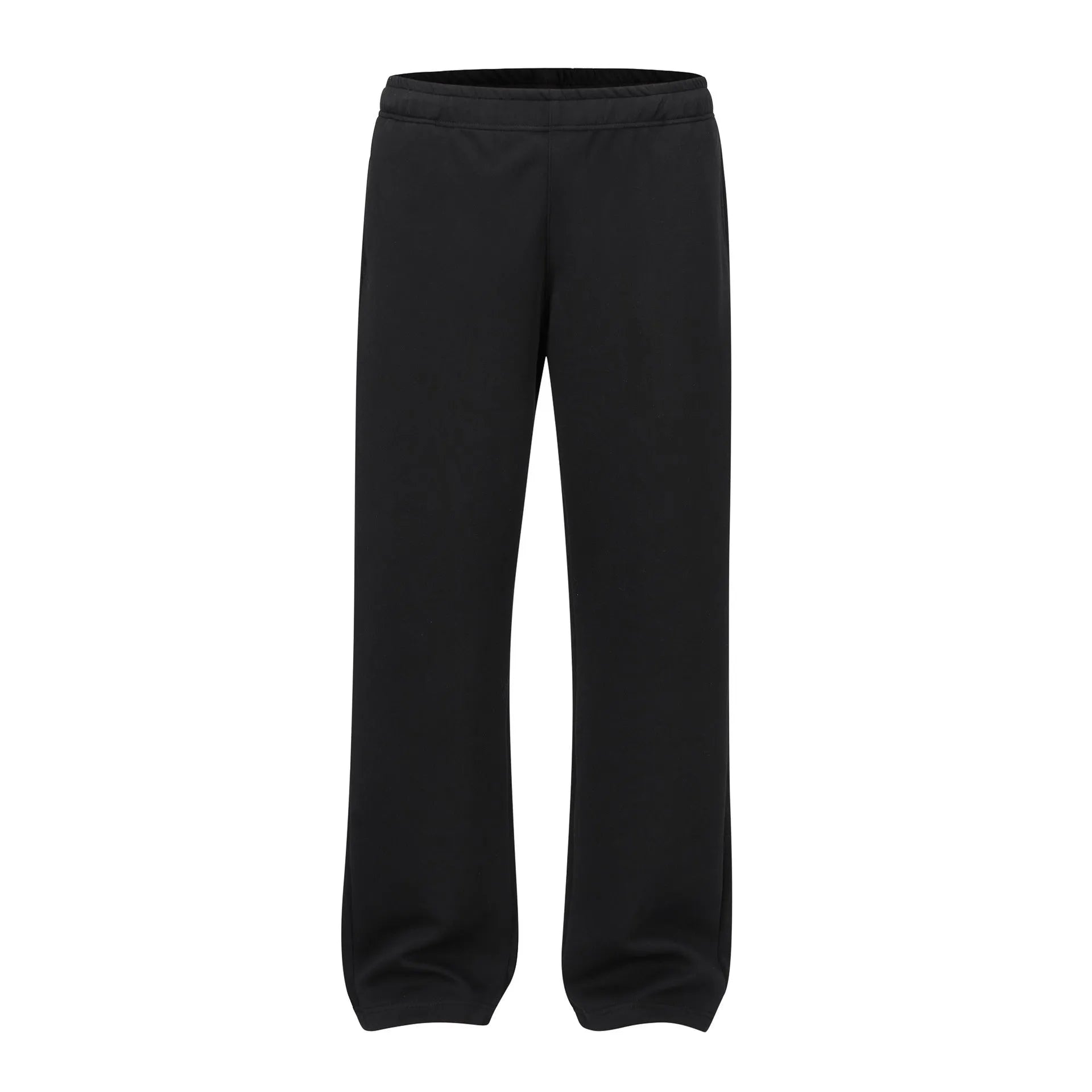 Men's straight-leg grey cotton casual trousers with an elasticated waistband laid flat.
